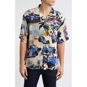 HUGO BOSS Shirt Mens Medium Tan Blue Button Up Racing Car Race ESPINO $148